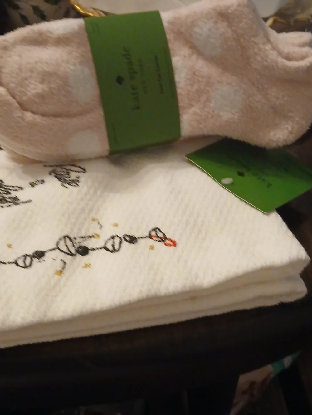 kate spade Light Pink Polka Dot Cozy Socks with White Embroidered Towel